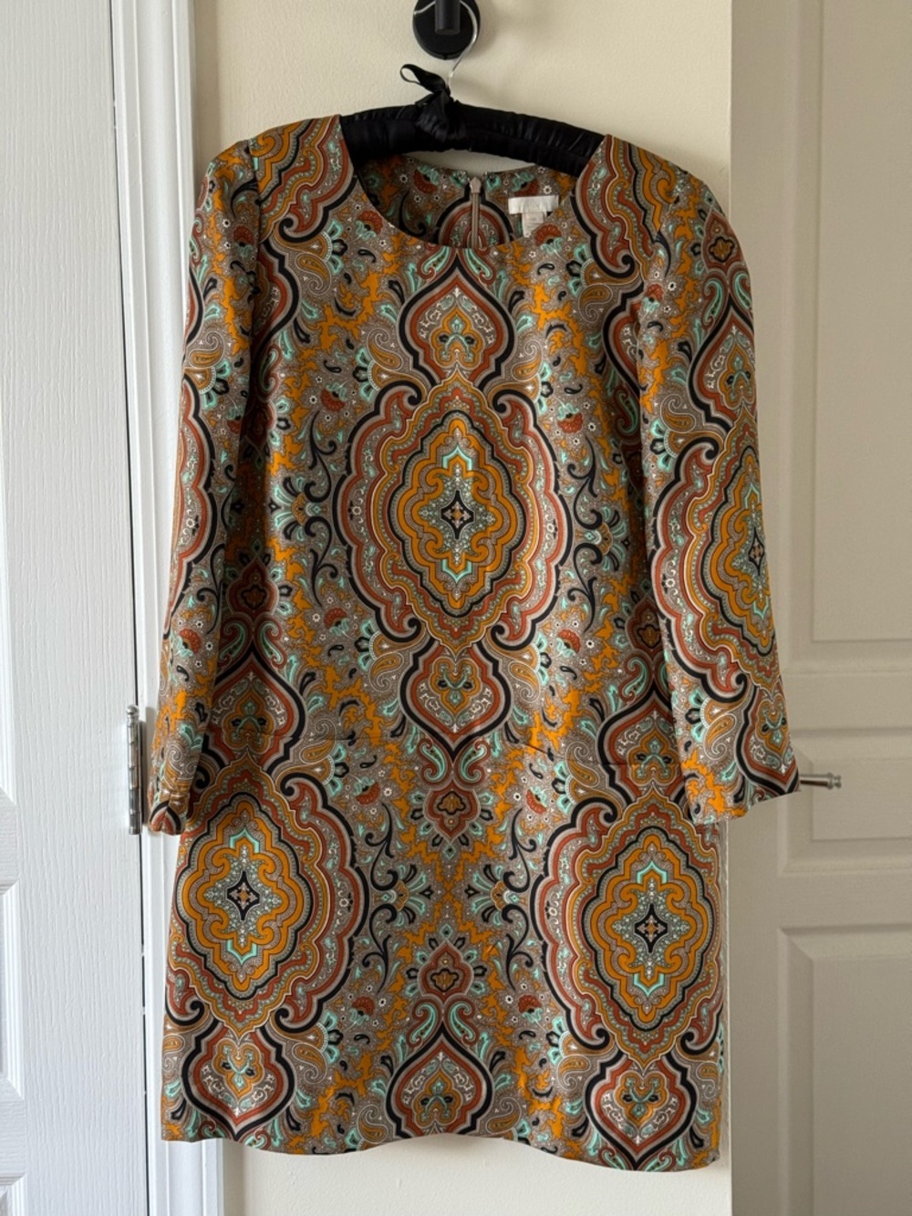 100% Silk Paisley-Print Mini Dress in Mustard, Brown and Teal